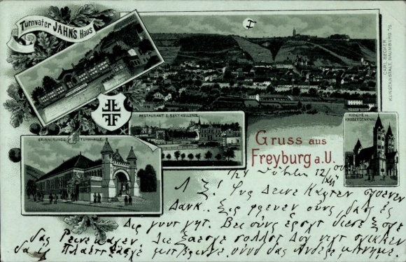 Mondschein Litho Freyburg an der Unstrut, Turnvater Jahn's Haus, Turnhalle, Kirche, Sektkellerei