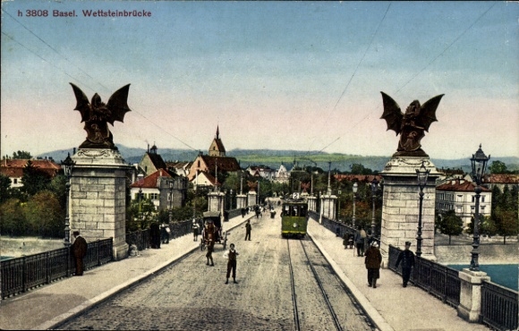 Postcard Basel city, Wettstein bridge, tram, statues
