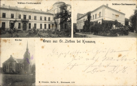 Postcard Groß Ziethen Kremmen in Havelland, castle front view, church, castle garden view, greetings