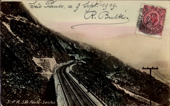 Ak São Paulo Brasilien, Eisenbahnlinie, Berglandschaft, Poststempel, handschriftlicher Text