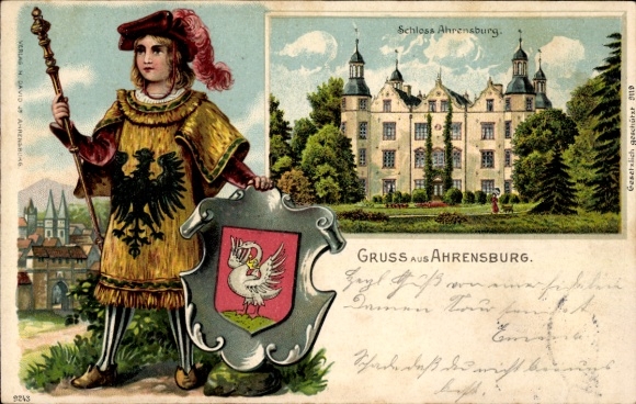Ak Ahrensburg in Holstein, junger Ritter mit Wappen, Schloss Ahrensburg im Hintergrund, Gruß