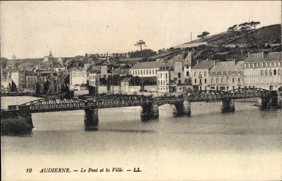 Postcard Audierne Finistère, bridge, city view, water, houses, trees