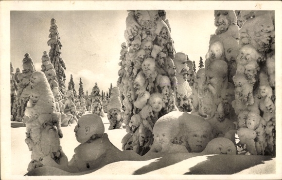 Postcard Snow Spirits in the Forest, Snow Figures, Faces