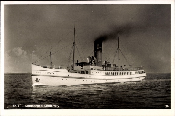 Postcard seaside resort ship Frisia I, shipping company Norden-Frisia, North Sea resort of Norderney