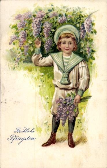 Postcard Altkötzschenbroda Radebeul Saxony, boy with a purple bouquet of flowers standing in front of a purple blossoming...