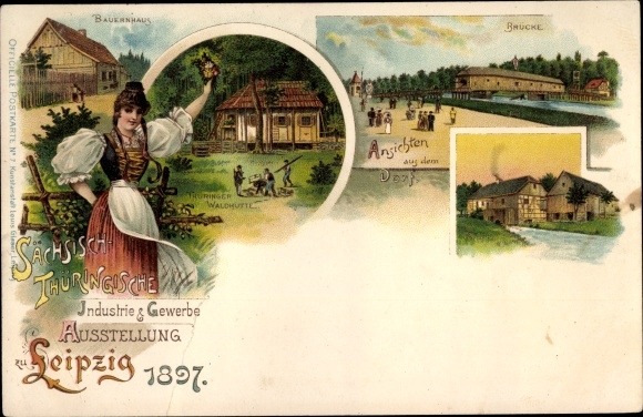 lito Leipzig w Saksonii, Wystawa przemysłowo-handlowa 1897, kostium, most, gospodarstwo