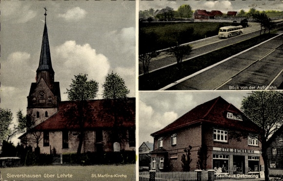Postcard Sievershausen Lehrte in Lower Saxony, St. Martin's Church, motorway, Detmering department store