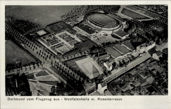 Ak Dortmund im Ruhrgebiet, Luftaufnahme von  Westfalenhalle, Rosenterrasse