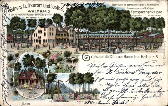 Litho Dölauer Heide Halle an der Saale, Leistners Waldhaus, Kurhaus, Badehaus, Knusperhäuschen