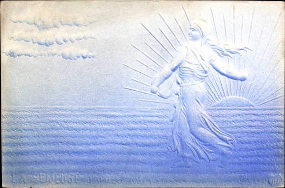 Embossed PC woman sowing, field, farmer's wife, allegory, sunrise