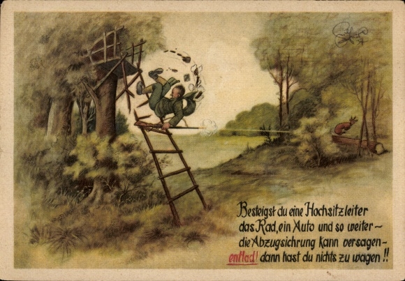 Artist Postcard Geilfus, high seat, trigger safety, hunter falls, weapon not unloaded, hunting accident