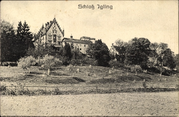 Postcard Igling Oberbayern, view from the castle, green spaces