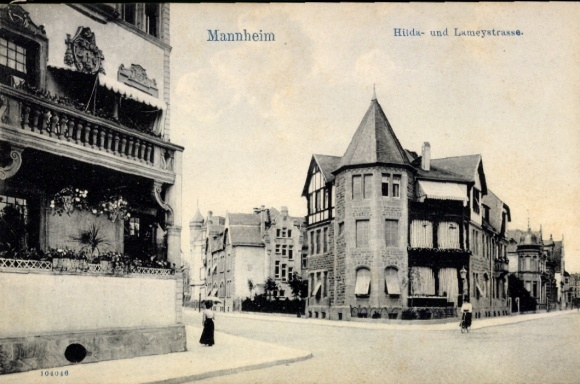 Postcard Mannheim in Baden, Hildastraße and Lameystraße