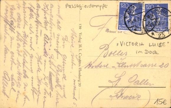 Postcard Hamburg, pleasure yacht Victoria Luise in the dock, HAPAG