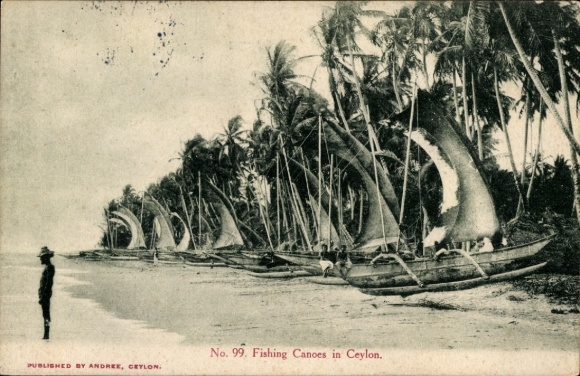 Ak Ceylon Sri Lanka, Fischerkanus,  Palmen, Strand, historisch