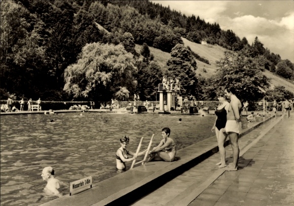 Postcard Unterweißbach in Thuringia, party in the outdoor pool