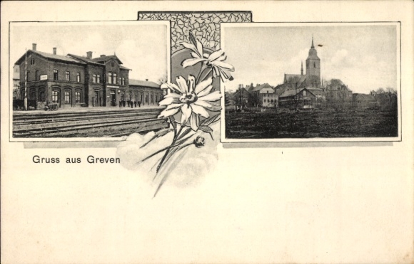 Ak Greven in Westfalen, Bahnhof, Teilansicht, Kirche