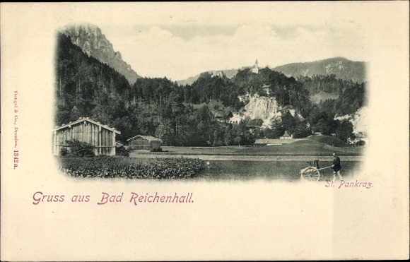 PC Karlstein Bad Reichenhall in Upper Bavaria, pilgrimage church of St. Pankraz, handcart, man