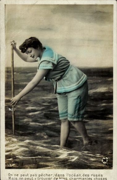 Postcard woman on the beach, swimwear