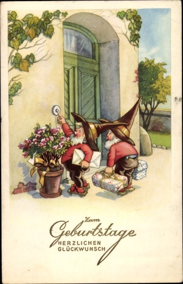 Ak Glückwunsch Geburtstag, Zwerge klingeln an der Tür, Geschenke, Blumentopf