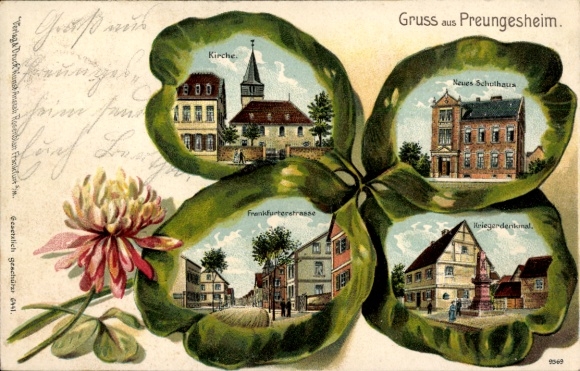 Kleeblatt Litho Preungesheim Frankfurt am Main, Kirche, Schulhaus, Frankfurter Str., Kriegerdenkmal