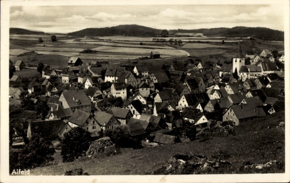 Postcard Alfeld an der Leine, black and white photo of a village, many huts, church, landscape