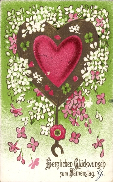 Postcard Congratulations on your name day, heart, flowers