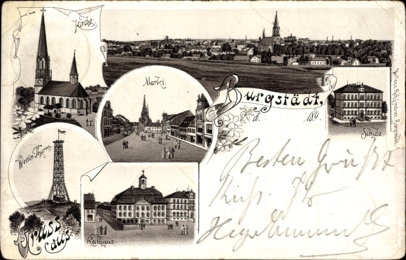 Litho Burgstädt in Sachsen, Kirche, Markt, Schule, Wettin Turm, Rathaus