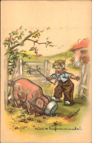 Artist Postcard pig eating, little boy, farm