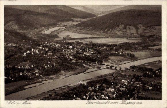 KP Lohr am Main Dolna Frankonia, widok z lotu ptaka, krajobraz rzeczny, wzgórza, budynki