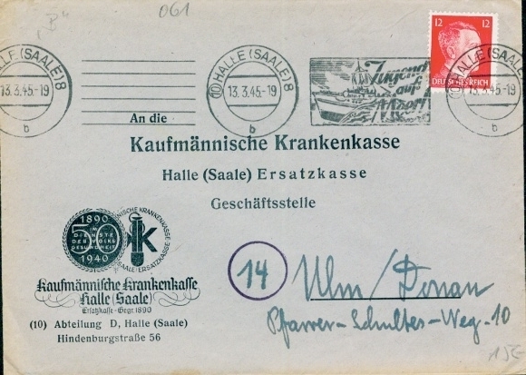 (10) Halle Saale 8 / b / March 13, 1945, machine stamp Youth on the Sea, Hitler 12 Pf