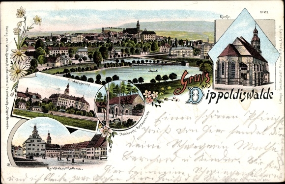 Chromo-Litho Dippoldiswalde in the Eastern Ore Mountains, district court, market square, town hall, quarry restoration