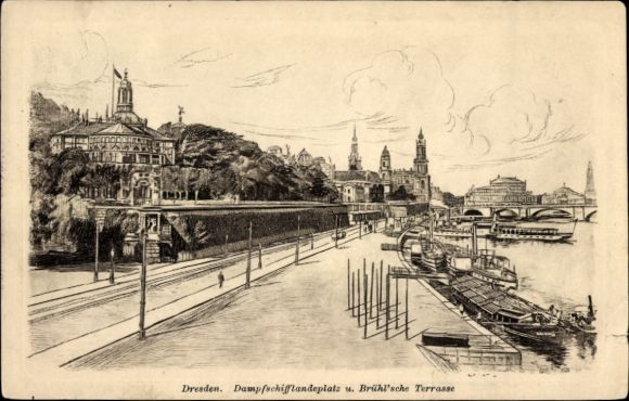 Künstler Ak Dresden Altstadt, Dampfschifflandeplatz, Brühlsche Terrasse
