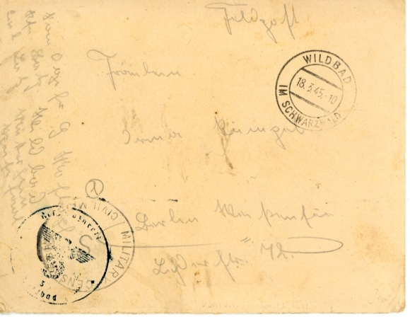 Przesłany list pocztowy Wildbad z 18 marca 1945 r. o treści, cenzura