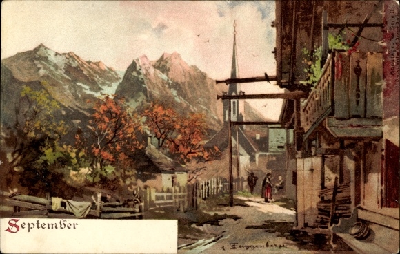 Kunstenaar Litho Guggenberger, Thomas, Allegorie, September, Dorp, Bergen