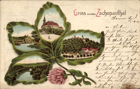 Kleeblatt Litho Braunsdorf Niederwiesa Sachsen, Harrasfelsen im Zschopautal, Schloss Lichtenwalde