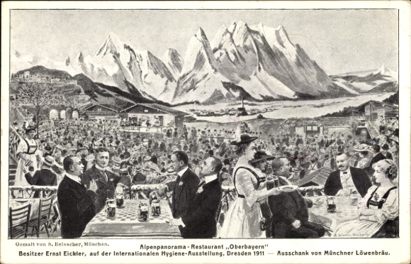 Postcard Pullach in the Isartal Upper Bavaria, painted by S. Kelsacher, Munich. Alpine panorama restaurant, ...