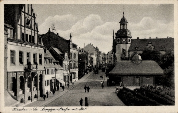 Postcard Glauchau in Saxony, Leipziger Straße, Post