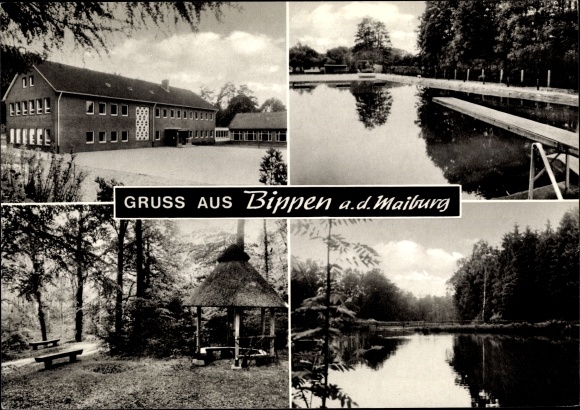 Ak Bippen an der Maiburg, buitenzwembad, uitzicht op het meer, school, springplank