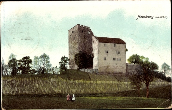 Ak Habsburg Kanton Aargau,  Burg, von Süden, Landschaft, zwei Personen