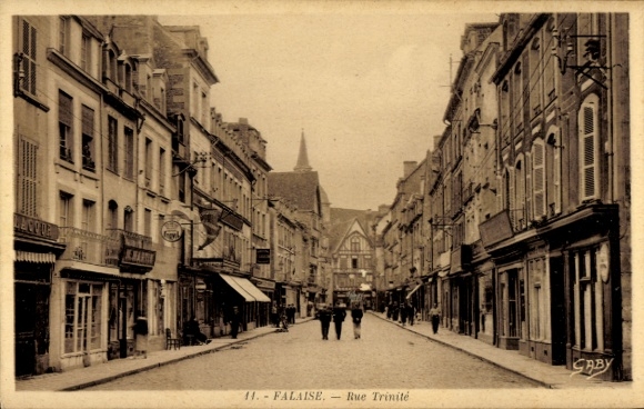 Postcard Falaise Calvados, Rue Trinité, Lacour, shops, passers-by