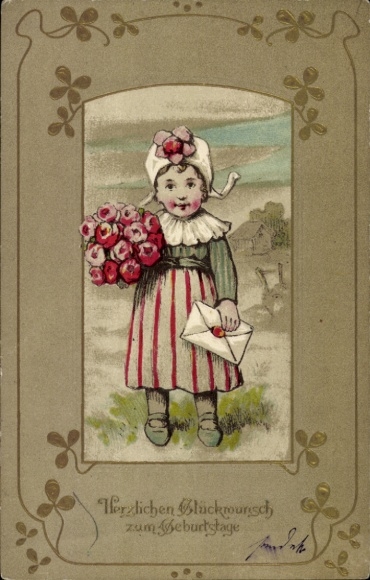 Postcard birthday greetings, girl with bouquet of flowers, traditional costume