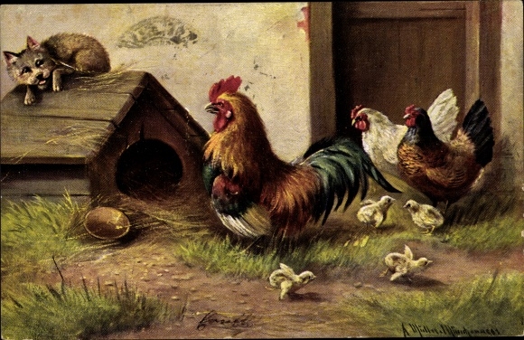 Artist PC Müller, August, rooster and chickens with chicks in front of a kennel