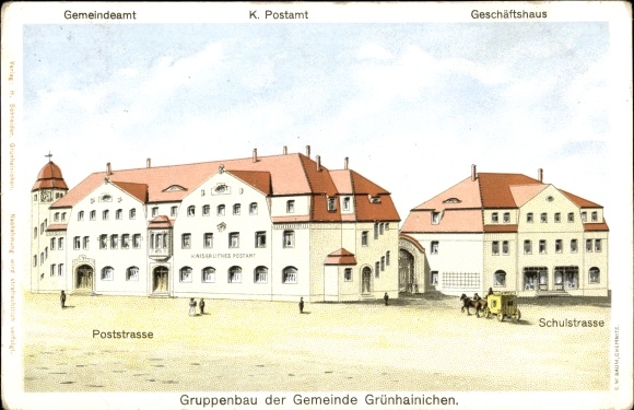 KP artysty Grünhainichen Sachsen, budynek grupy Poststraße, urząd miejski, poczta, budynek handlowy