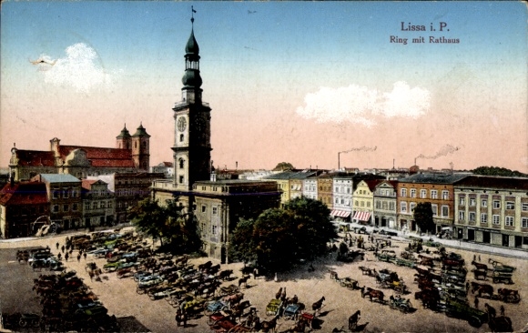 Ak Lissa Posen, Ring mit Rathaus, Marktplatz, Kutschen