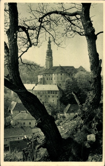 Ak Weesenstein Müglitztal, uitzicht vanuit de avondrust op het kasteel