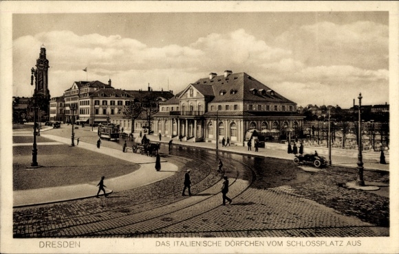 Ak Dresden Altstadt, Italienisches Dörfchen, Schlossplatz, Straßenbahn, Autos, Fußgänger