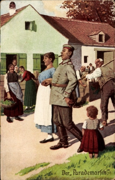 Artist Postcard The Parade March, Soldier strutting with his wife through the village, Always an expert, I. WK