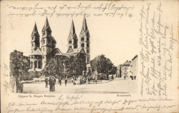 Postcard Roermond Limburg Netherlands, three-tower building, many people, street view, trees