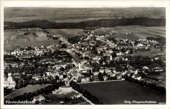 Postcard Fürstenfeldbruck in Upper Bavaria, aerial view of several houses, fields in the background